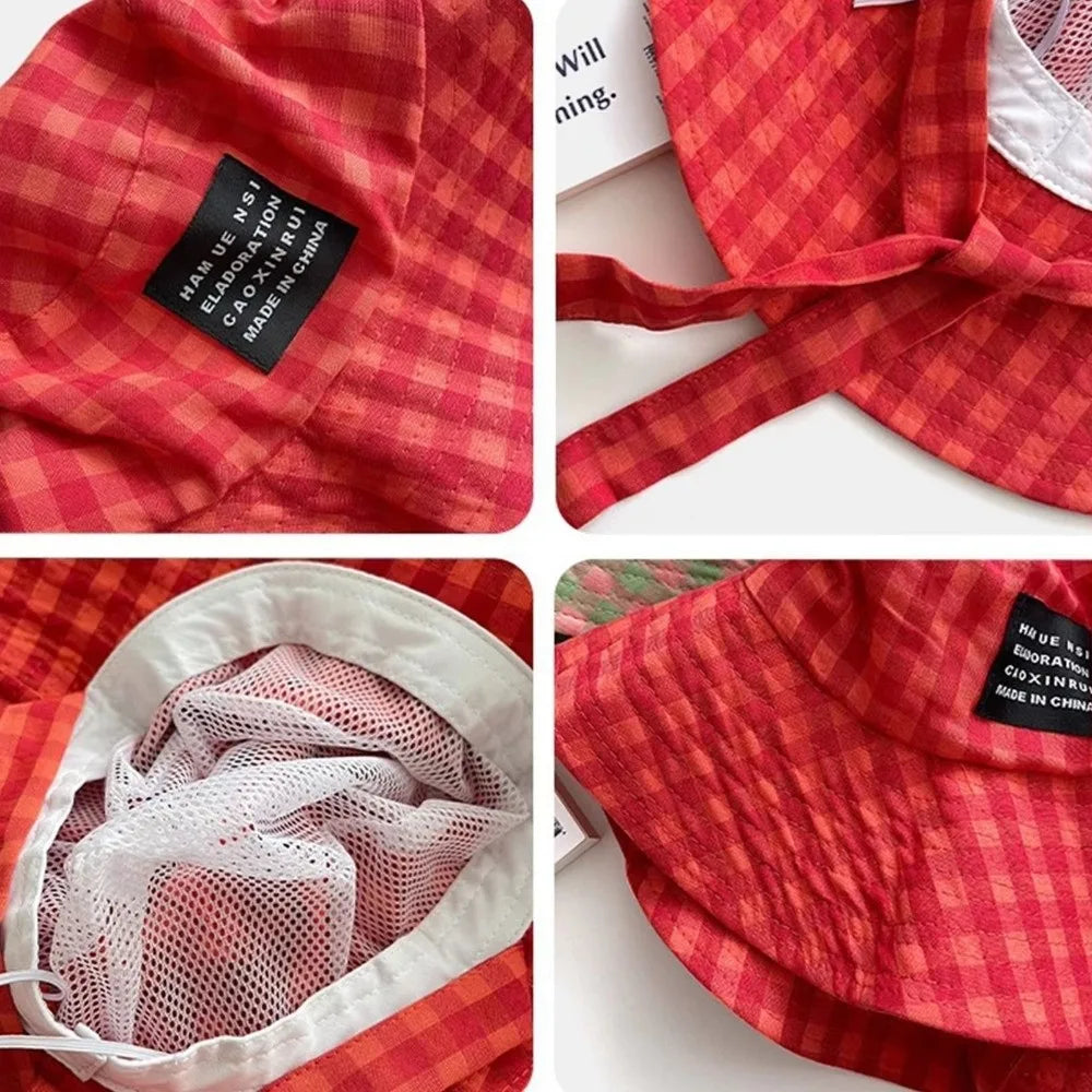 Summer Bucket Hat Breathable Sun Protection Retro Plaid Women