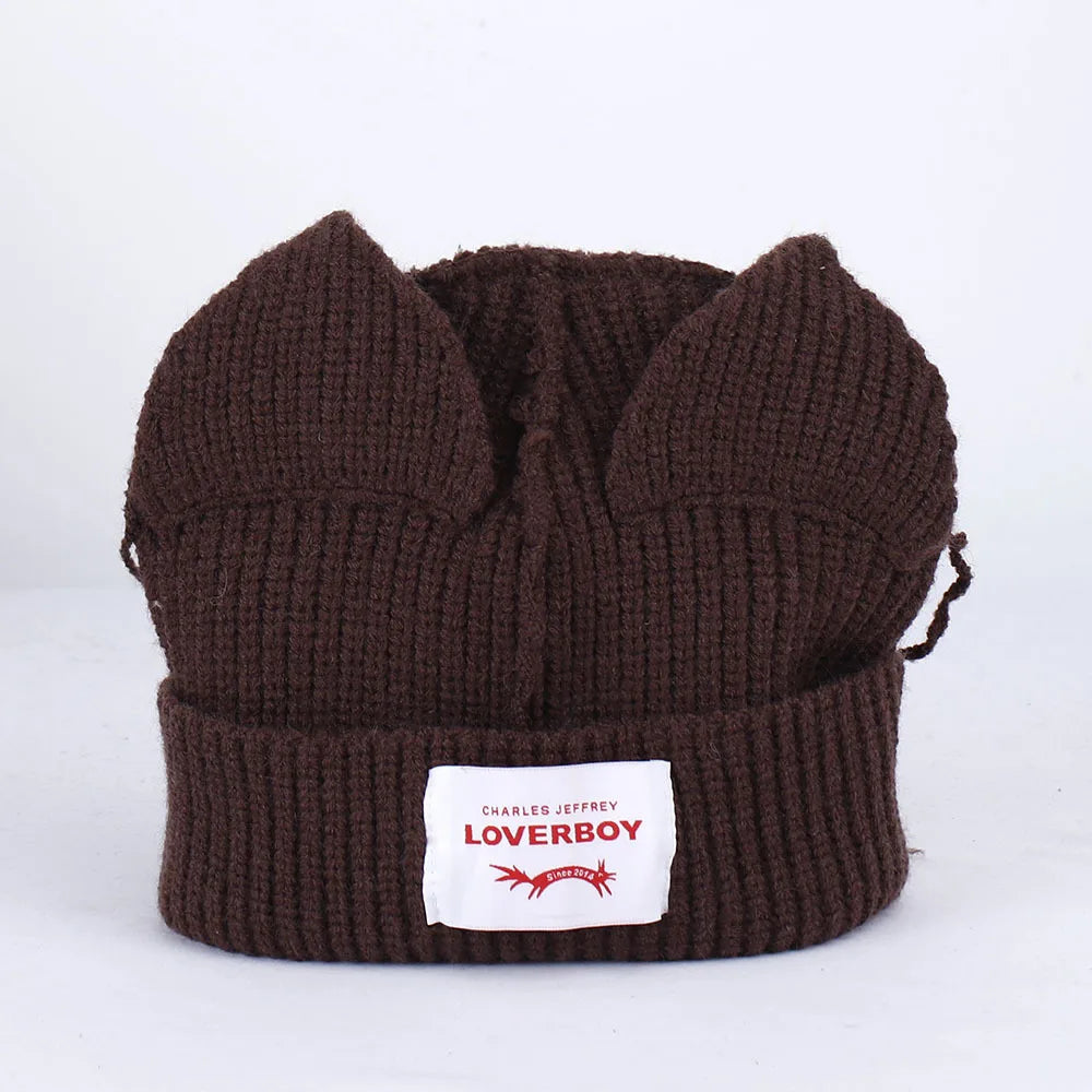 Winter Skullies Hat Unisex Cat Ear Hat Warm Crochet Knitted Hat