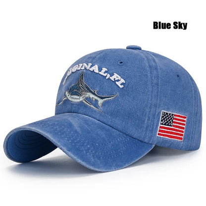 Shark Graphic And American Flag Embroidery Men Women Adjustable Soft Top Baseball Cap