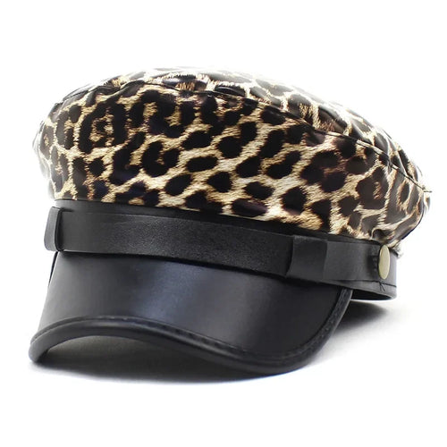 Four Seasons Pu Leopard Print Beret Octagonal Cap