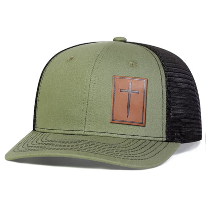 Unisex Cross Brown Leather Label Baseball Net Caps Outdoor Adjustable Casual Sunscreen Hat