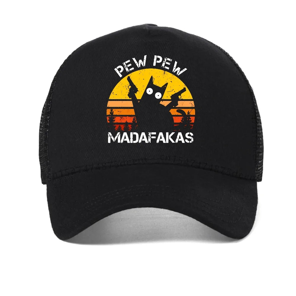 Pew Pew Madafakas Cat with Two Guns Funny Baseball Cap Fashion Breathable Unisex Adjustable Hat