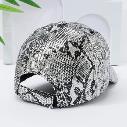 Snake Print PU Leather Baseball Cap, Adjustable Hip-Hop