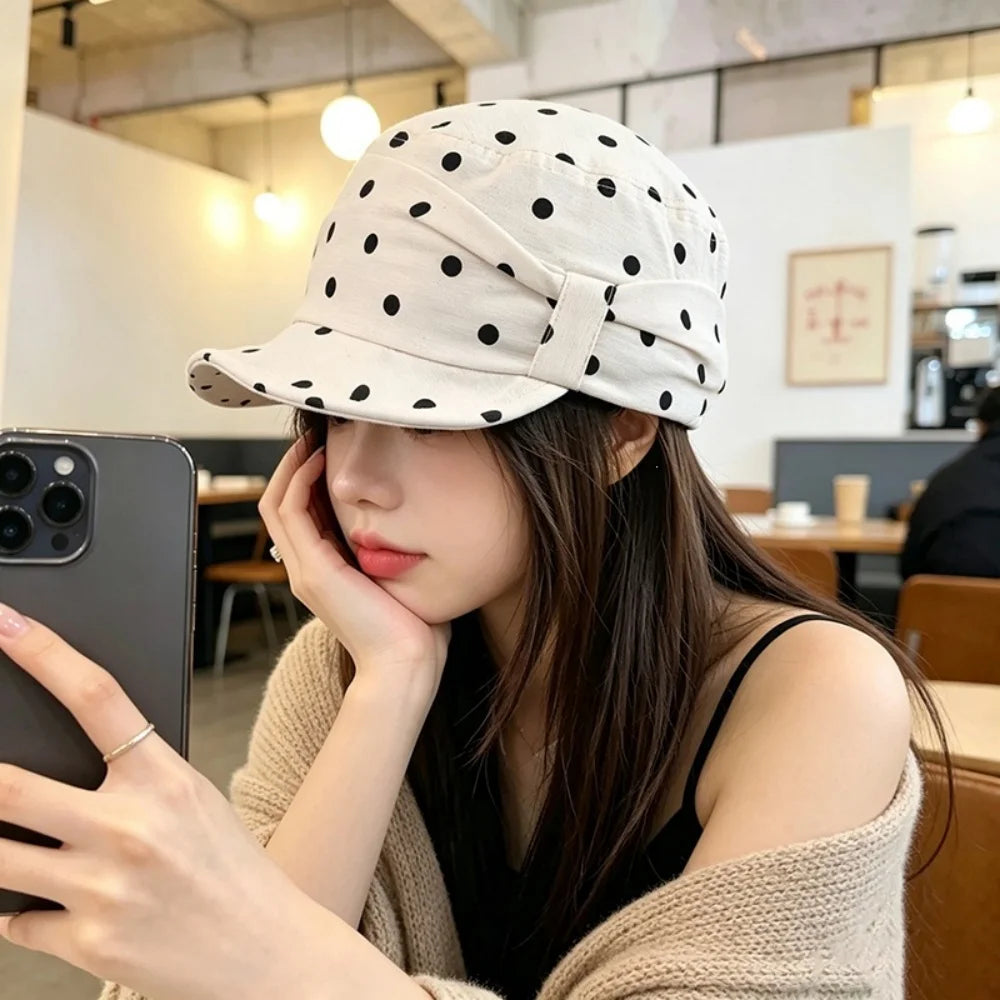Dot-Patterned Equestrian Hat With Brim English-Style Black And White Beret