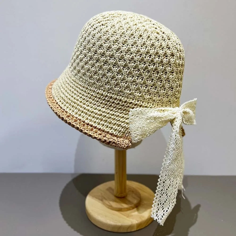 Temperament Knitted Bucket Hat Breathable French Style Bow Fisherman Hat