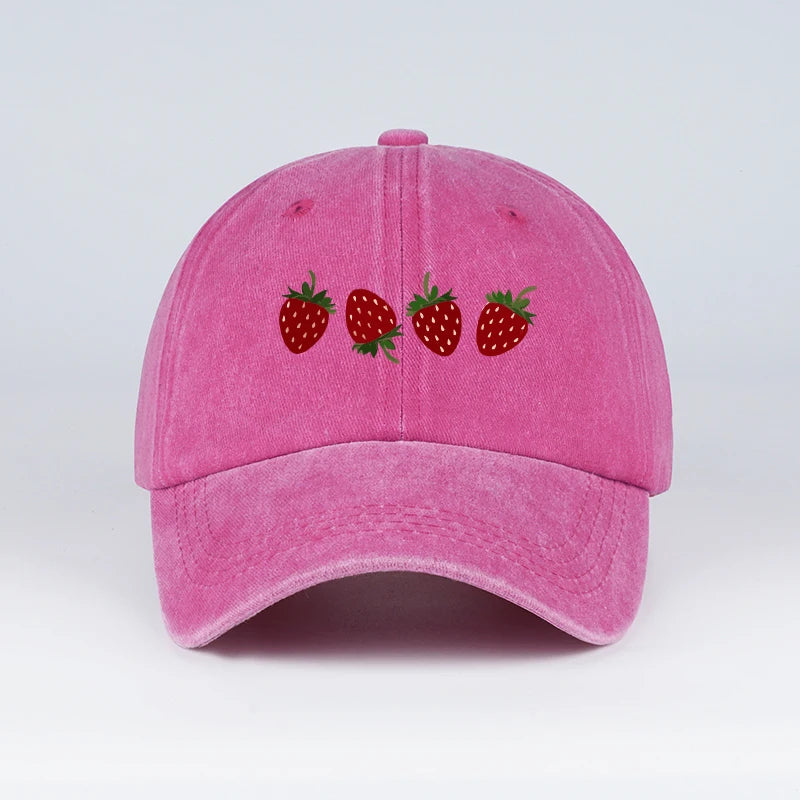 Strawberry Print Washed Baseball Cap Lightweight Breathable Adjustable Unisex Summer Casual Hat Sun Hat