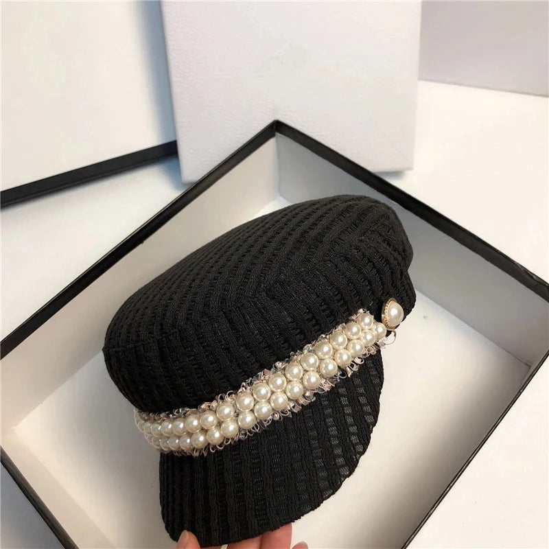 Pearl Lace Ribbon Leisure Lady Octagonal Hat