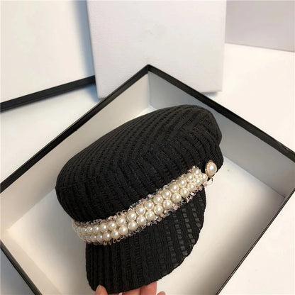 Pearl Lace Ribbon Leisure Lady Octagonal Hat