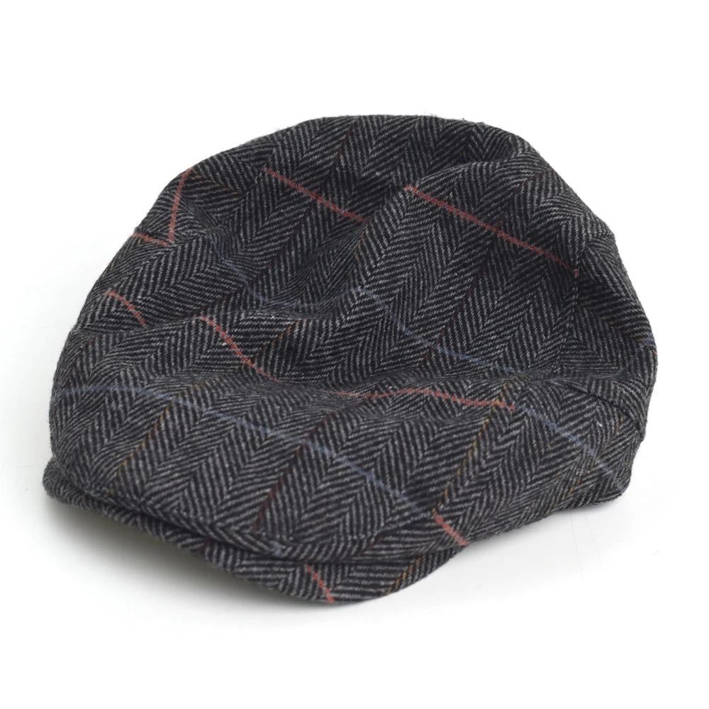 Newsboy Cap Men Winter Thick Warm Vintage Herringbone Casual Stripe Berets Flat Hat
