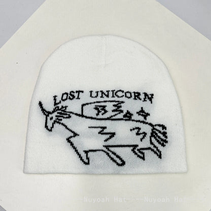 New Men Women Korean Jacquard Unicorn Letters Knitted Hats