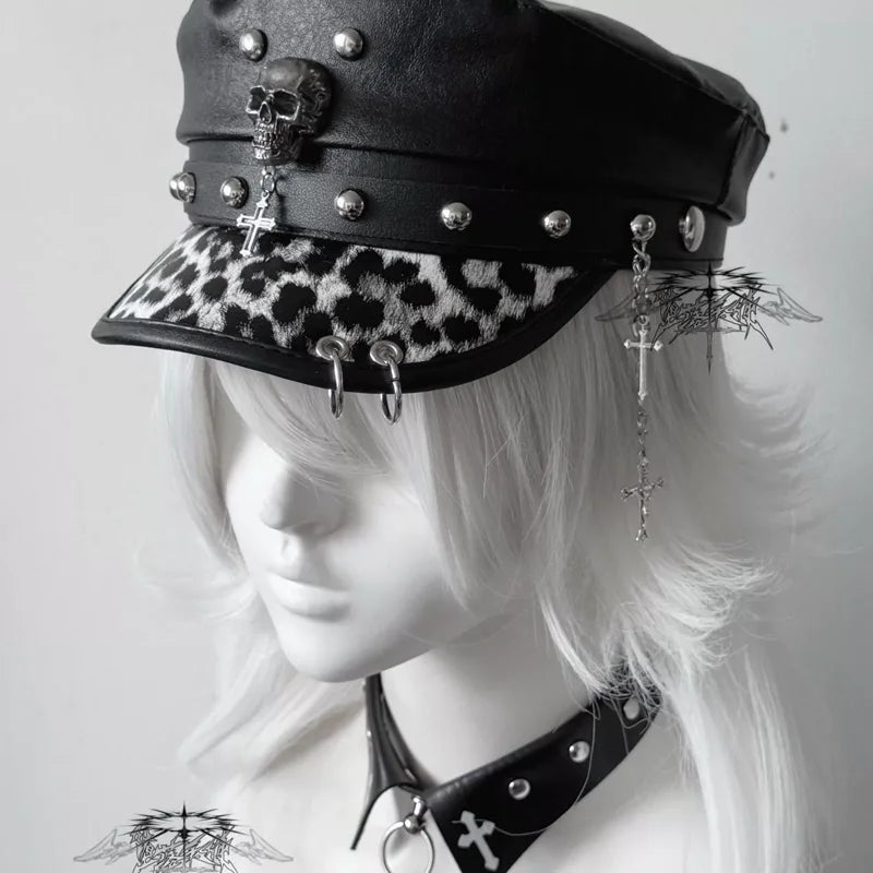 Women's Y2k Trendy Beret Fashion PU Leather Cool Punk Skull Spike Cap