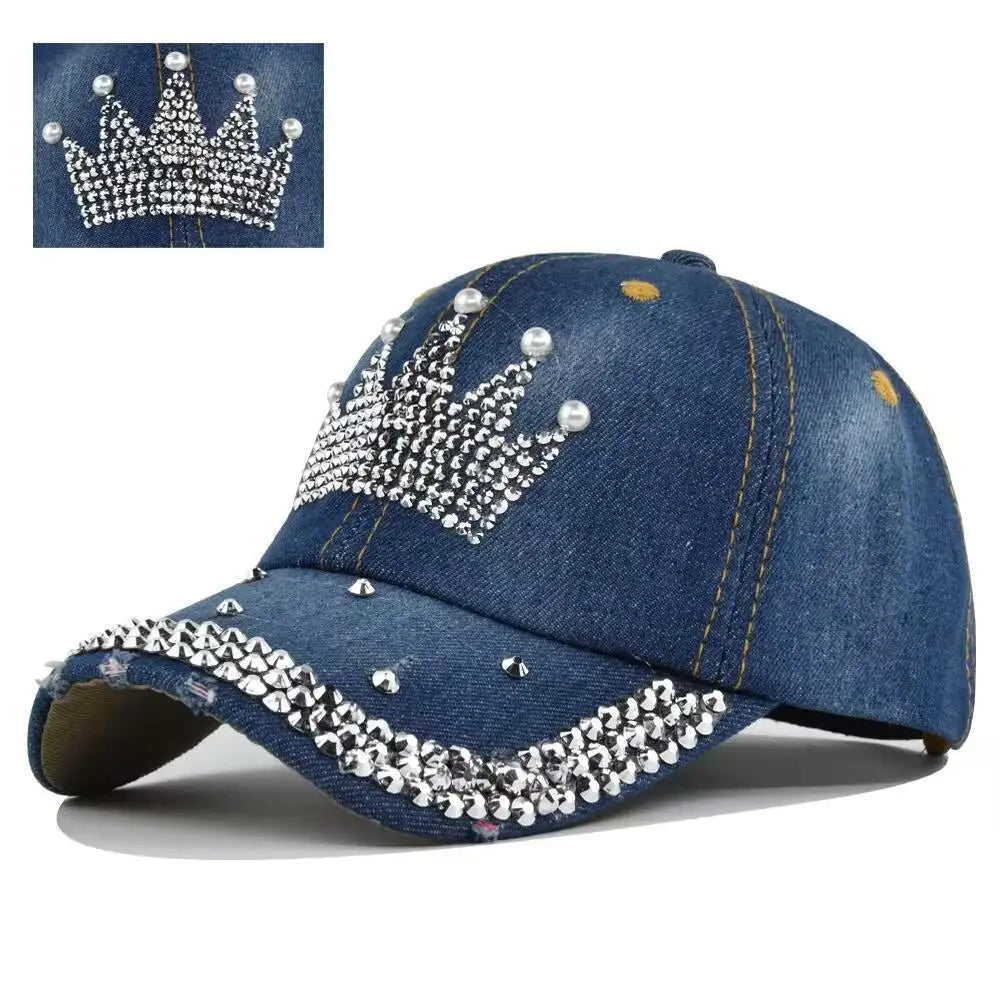 Baseball Cap Women Retro Street Crown Beads Denim