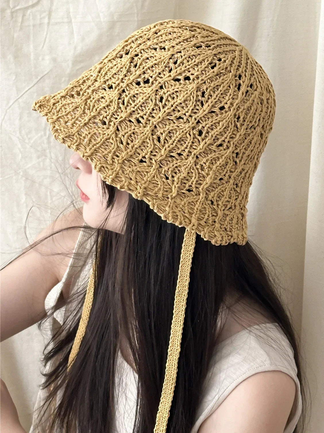Japanese Knitted Hollow Out Bucket Hat Women's