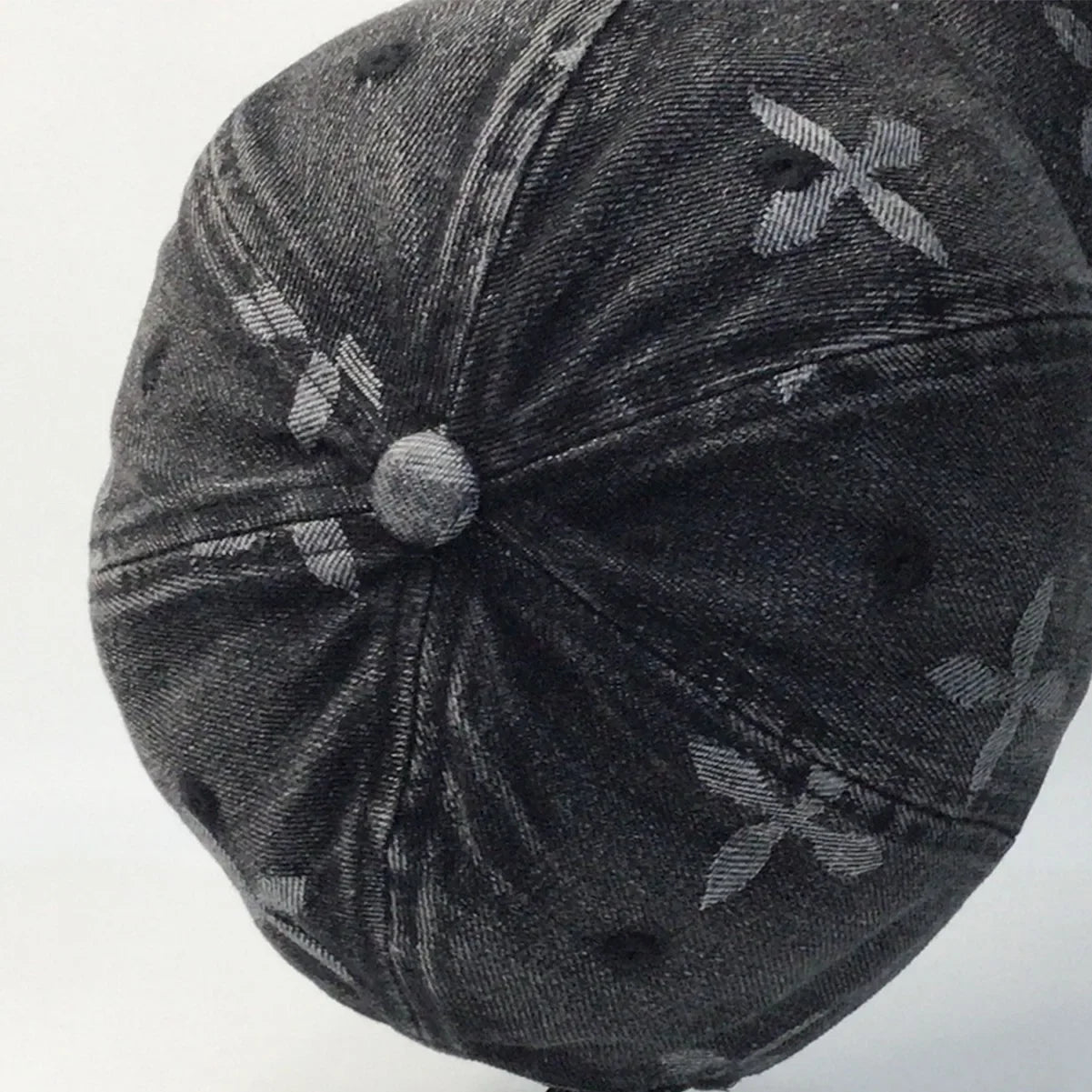 Cross Denim Baseball Cap With Jacquard Fringe, Vintage Distressed, Cropped Edge Cap