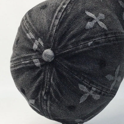 Cross Denim Baseball Cap With Jacquard Fringe, Vintage Distressed, Cropped Edge Cap