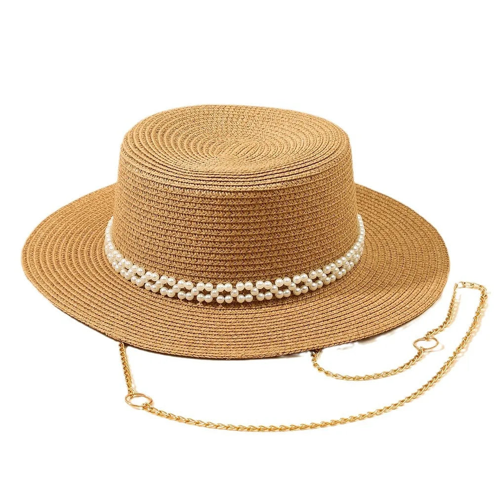 Chic Pearl Flat Top Straw Hat - Women's Summer Black Fashion Sun Hat