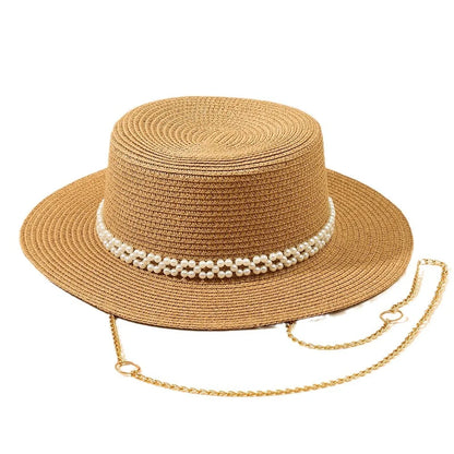 Chic Pearl Flat Top Straw Hat - Women's Summer Black Fashion Sun Hat