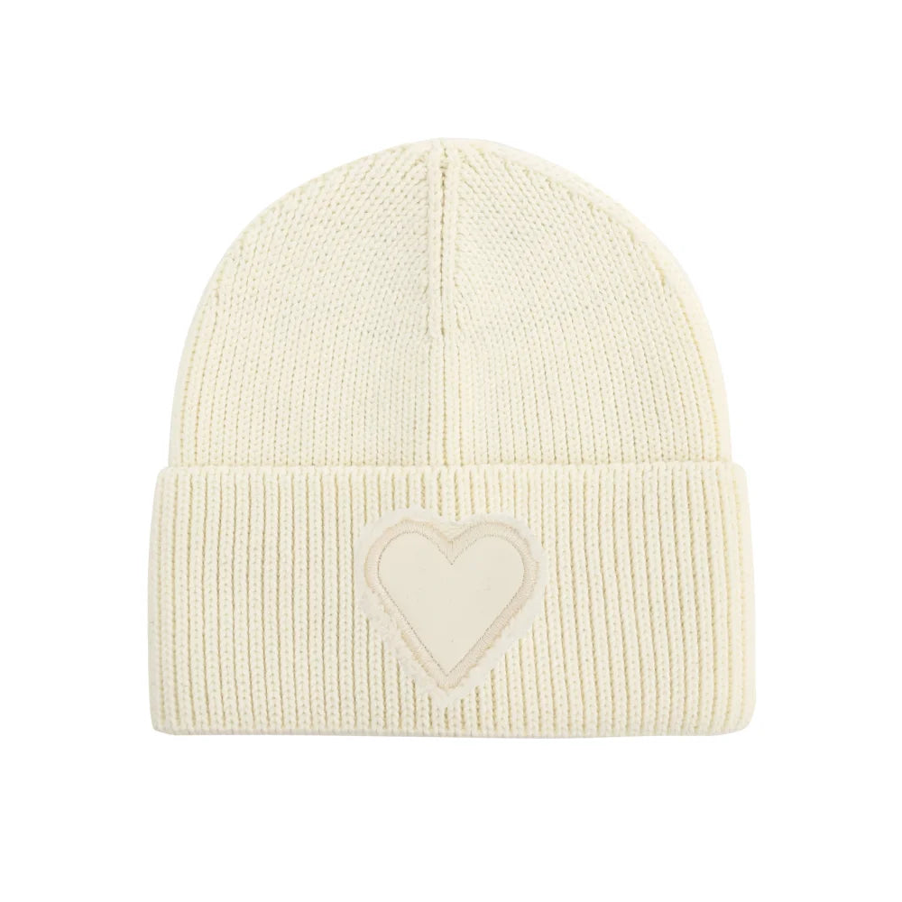 Winter Cotton Knitted Beanies Leather Heart Outdoor Hat Children Hats