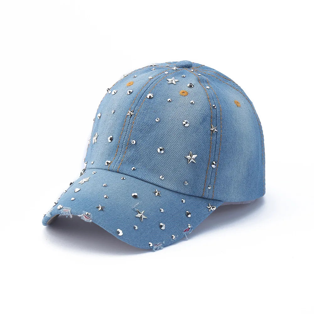 Baseball Cap Denim Distressed Rhinestone Bling Sparkle Hip Hop Hat