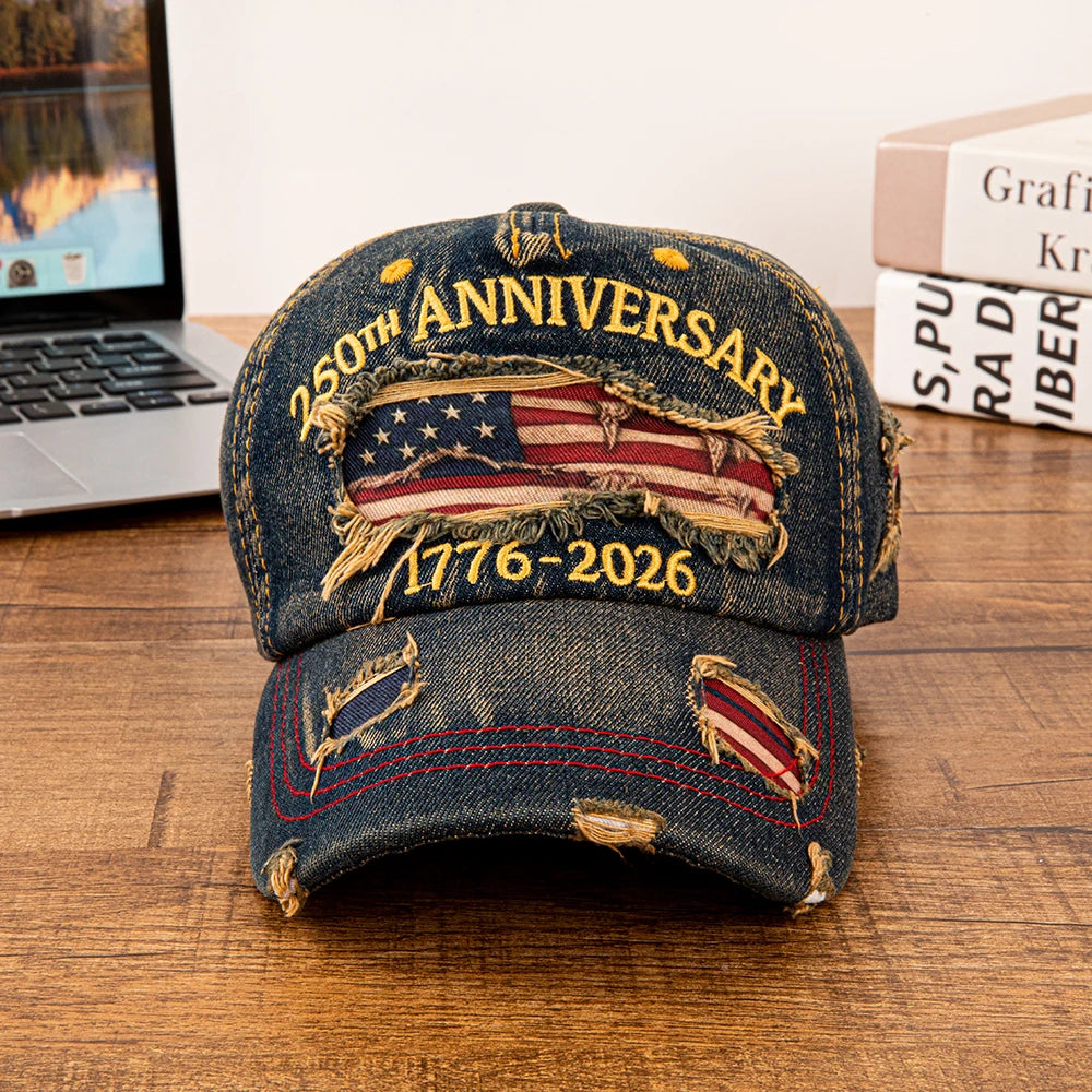 Vintage USA Flag 250th Anniversary 1776-2026 Distressed Denim Baseball Cap
