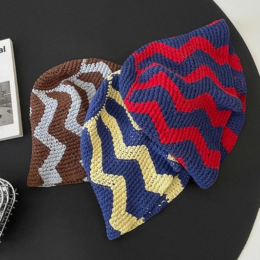 Korean Retro Contrasting Color Wide Wavy Knitted Bucket Hats