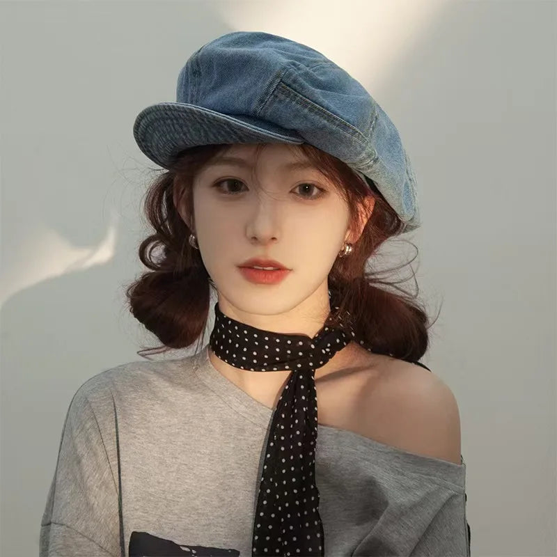 Japanese Retro Denim Cloud Berets Cap For Women