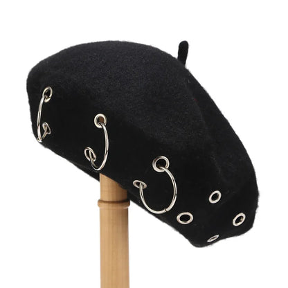 Personality Punk Style Beret Hat With Circular Hollow Rivet, Y2k Newsboy Caps