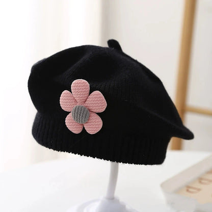 Flower Baby Beret Hat Winter Warm Knitted Beanie Cap
