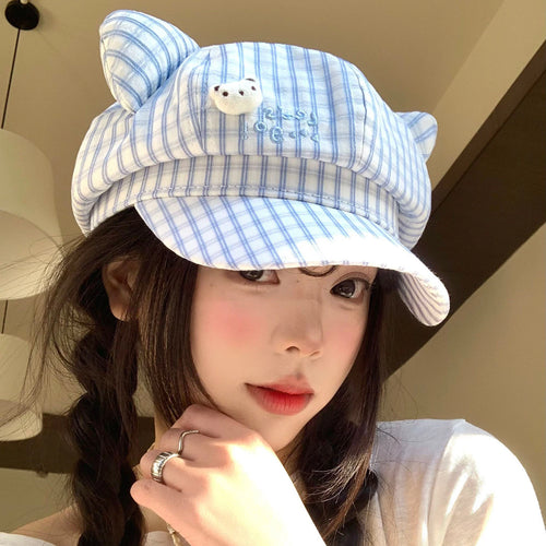 Cat Ear Plaid Newsboy Cap Y2k Aesthetic For Women Kawaii Octagonal Painter Hat Street Snap Sweet Girl Cap