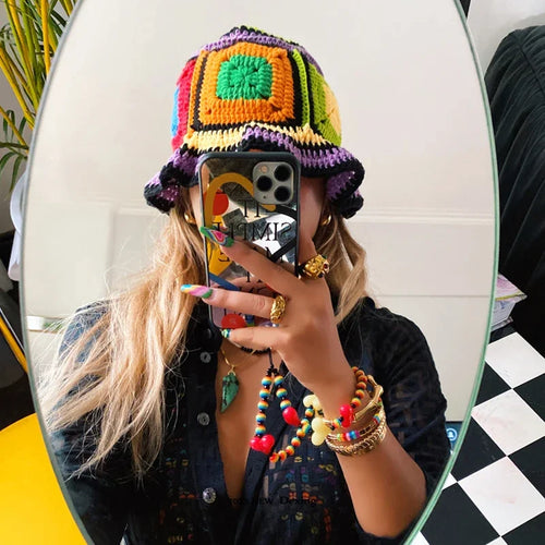 Women Muticolor Crochet Korean Handmade Bucket Hat Women Weaving Knitted Hat Y2k Fashion Flowers Autumn Cap