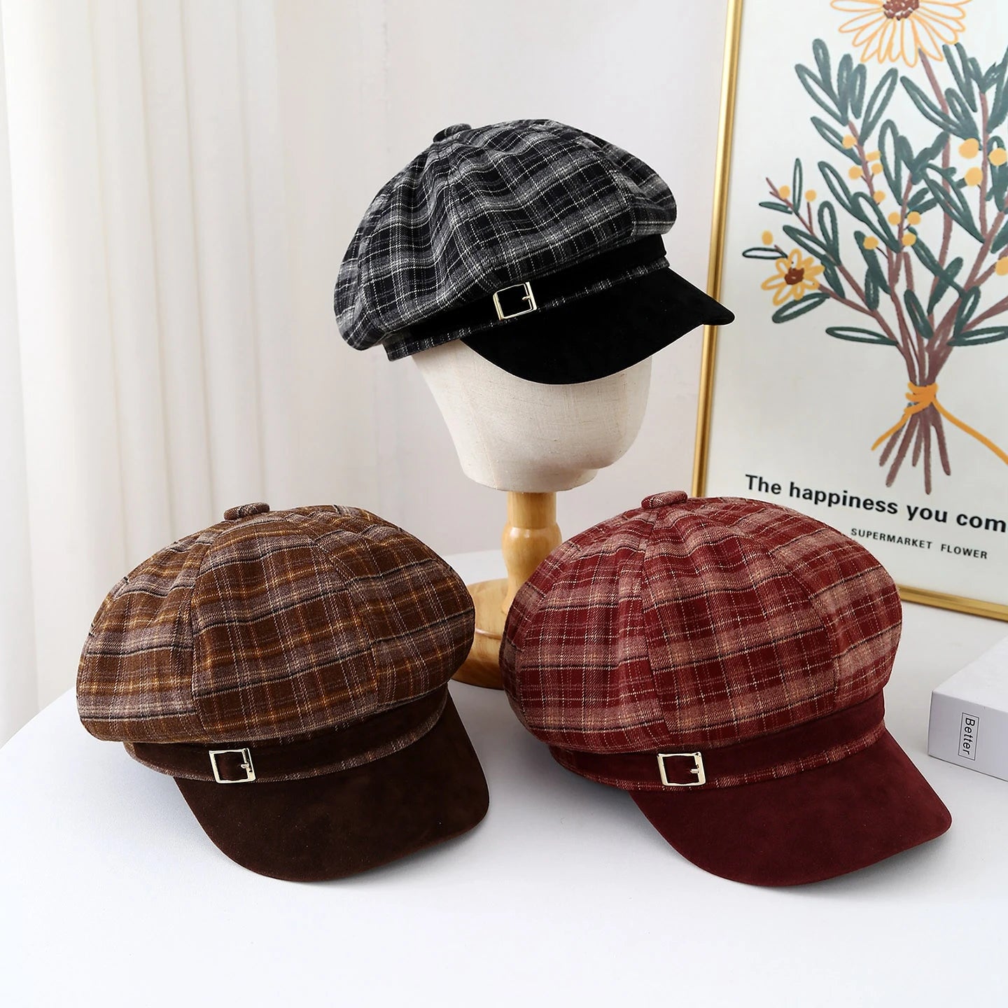 Vintage Red Plaid Beret Hat For Women Autumn Winter Newsboy Cap