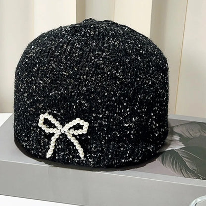 Sparkling Sequined Knitted Hat Girls Sequin Bowknot Cap Women Pearl Bow Dome Hats