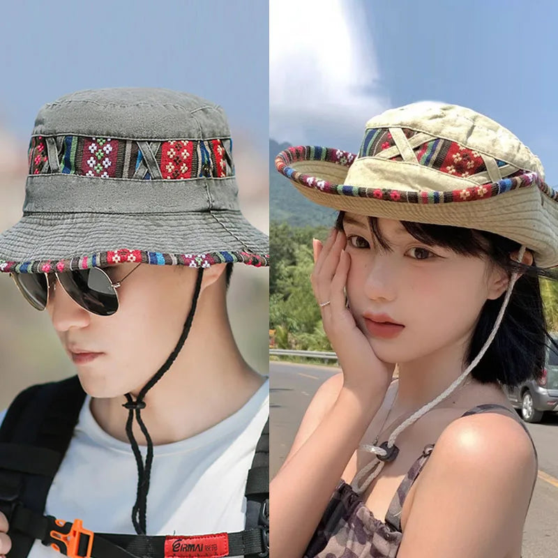 2026 Summer Bucket Hat With Wind Rope Women Man Vintage