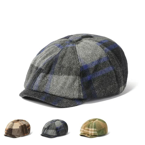 Autumn And Winter Polyester Plaid Print Newsboy Caps Octagonal Cap