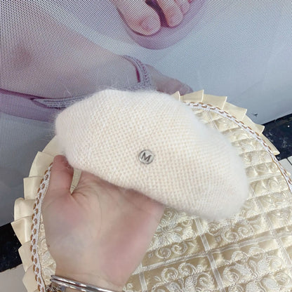 Angora Rabbit Fur Winter Women Knitted Beret Fashion Letter M