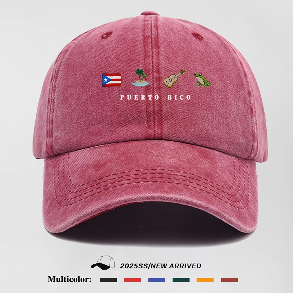 Men's Baseball Cap, Puerto Rico Flag Tropical Guitar & Frog Graphic