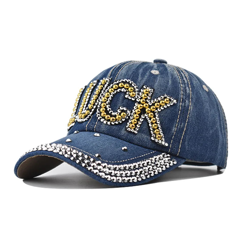 Baseball Cap Denim Luck Rhinestone Men Adjustable Hat