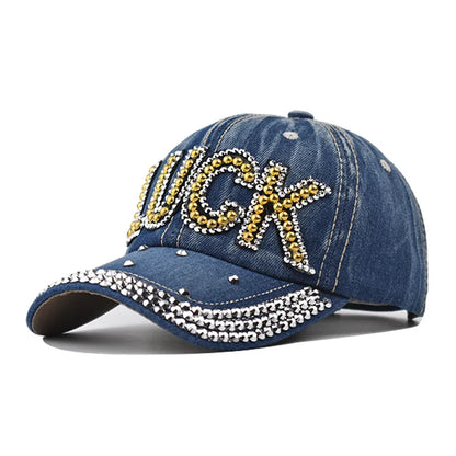 Baseball Cap Denim Luck Rhinestone Men Adjustable Hat