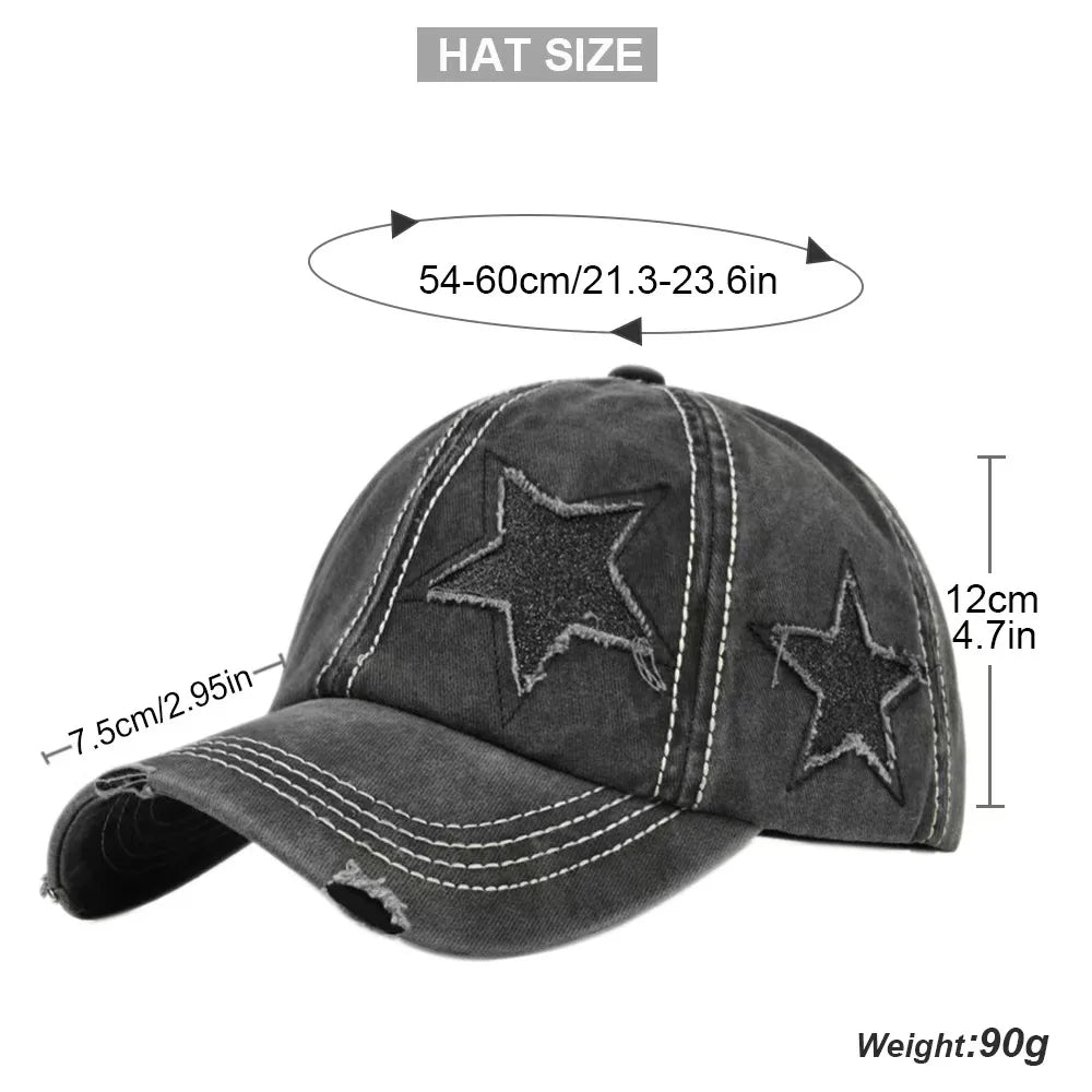 Retro Y2K Star Washed Denim Hole star Baseball cap