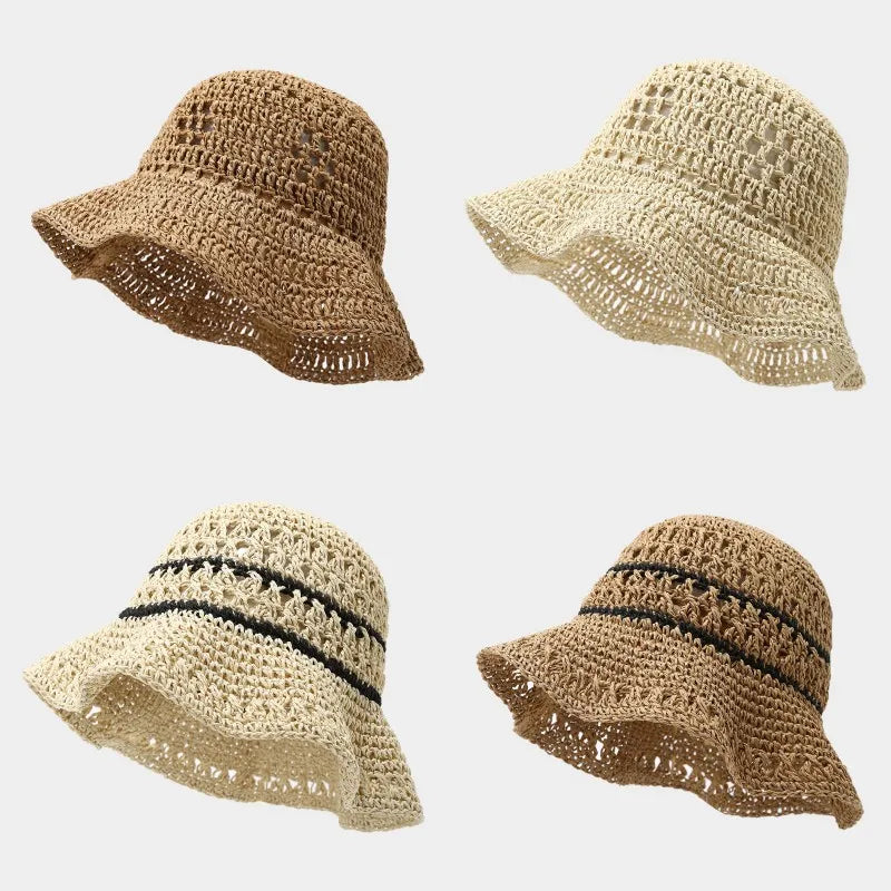Summer Straw Bucket Hat Travel Versatile Sunscreen Wide Brim Bucket Hats