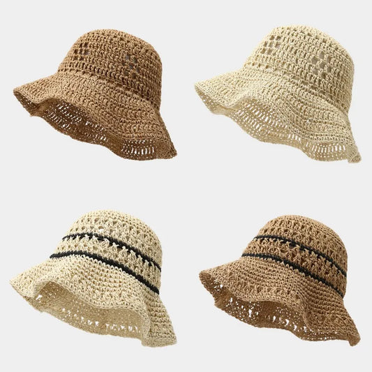 Summer Straw Bucket Hat Travel Versatile Sunscreen Wide Brim Bucket Hats