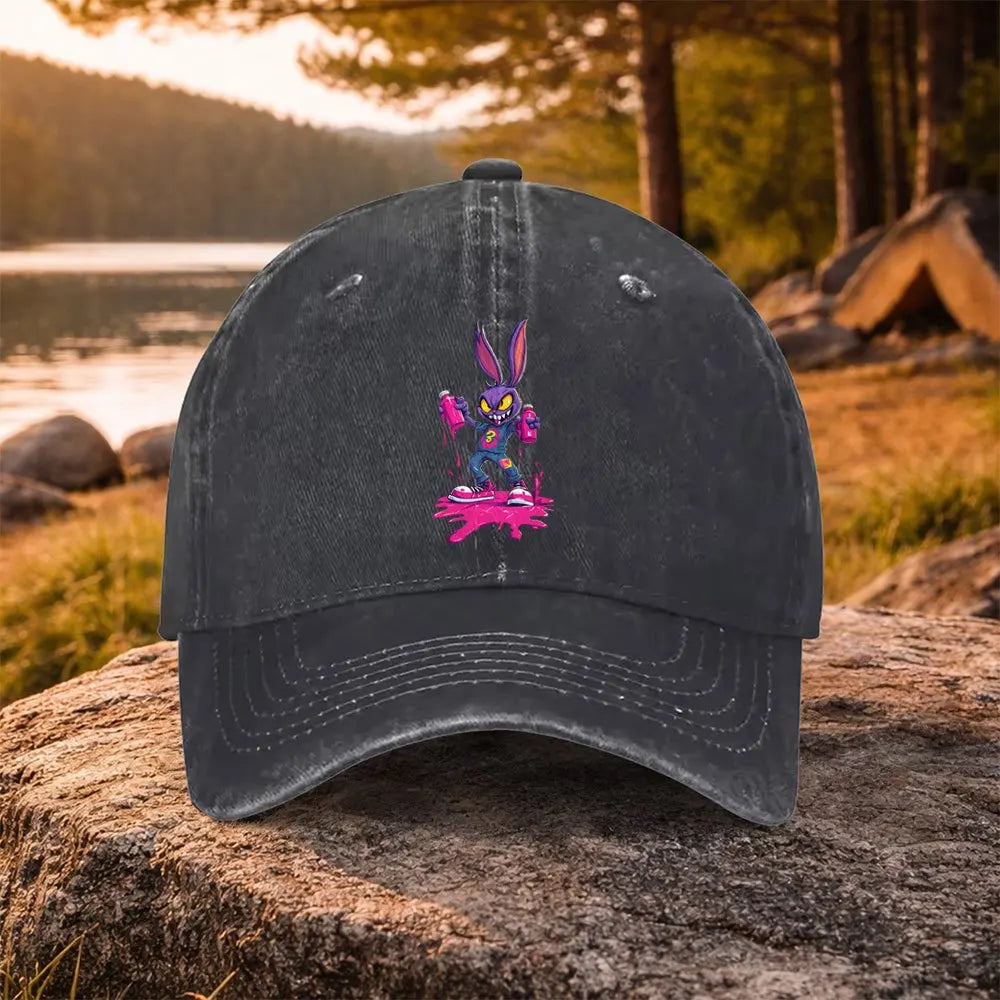 Purple Rabbit Graffiti Washed Baseball Cap – Unisex Casual Golf & Outdoor Hat