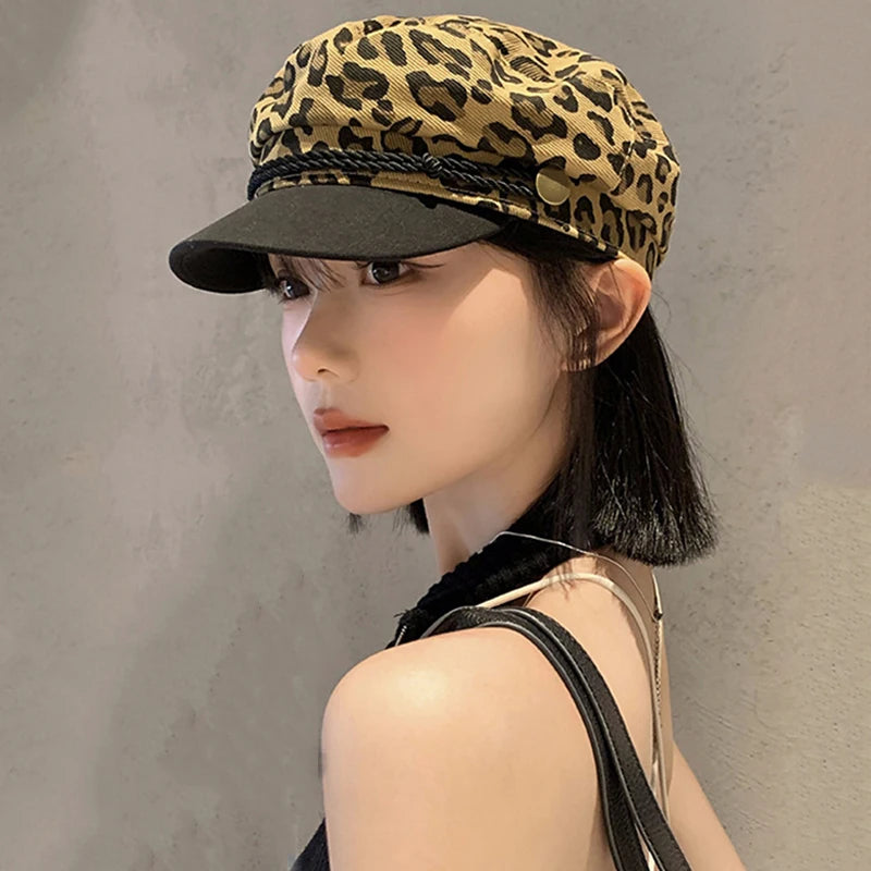 New Women Leopard Beret Hat Vintage Octagonal Cloud Pumpkin