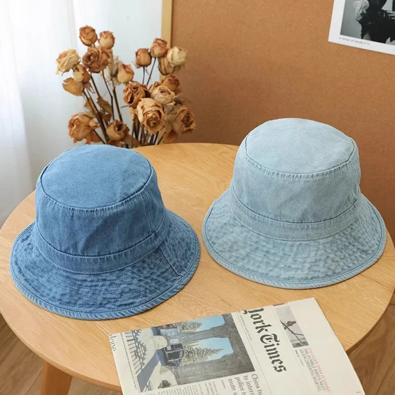 Solid Color Denim Bucket Hat Women Retro Washed