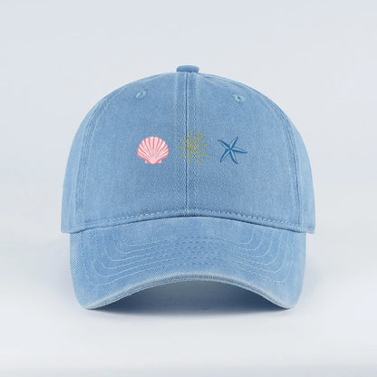 Washed Baseball Cap With Shell Sun Starfish Print Adjustable Curved Brim Hat Retro Beach Vibe Casual Wear