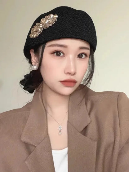 Autumn And Winter New Water Diamond Knitted Duck Tongue Hat