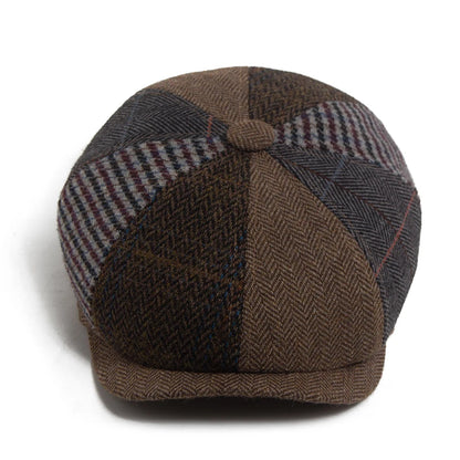 Vintage Newsboy Cap Men Herringbone Plaid Patchwork Pattern Women Beret
