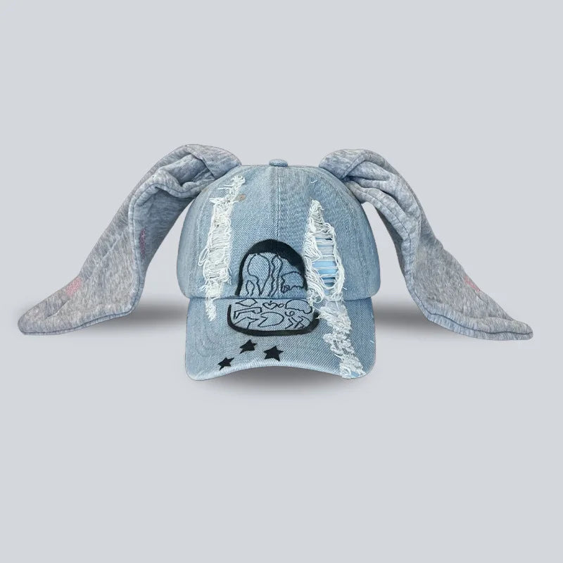 Niche Y2k Rabbit Ears Denim Ripped Baseball Cap Men and Women