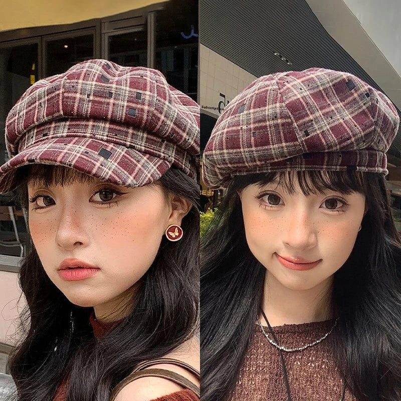 Hot Sale Retro Contrasting Color Plaid Berets For Women
