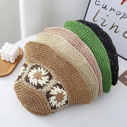 New Foldable Straw Crochet Flower Hat Women's